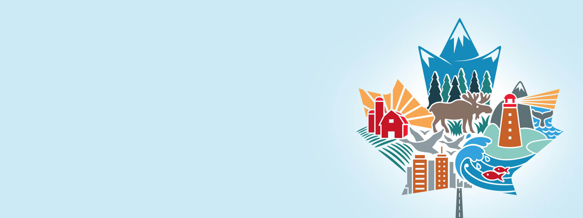 Illustration of maple leaf containing various elements representing Canada
