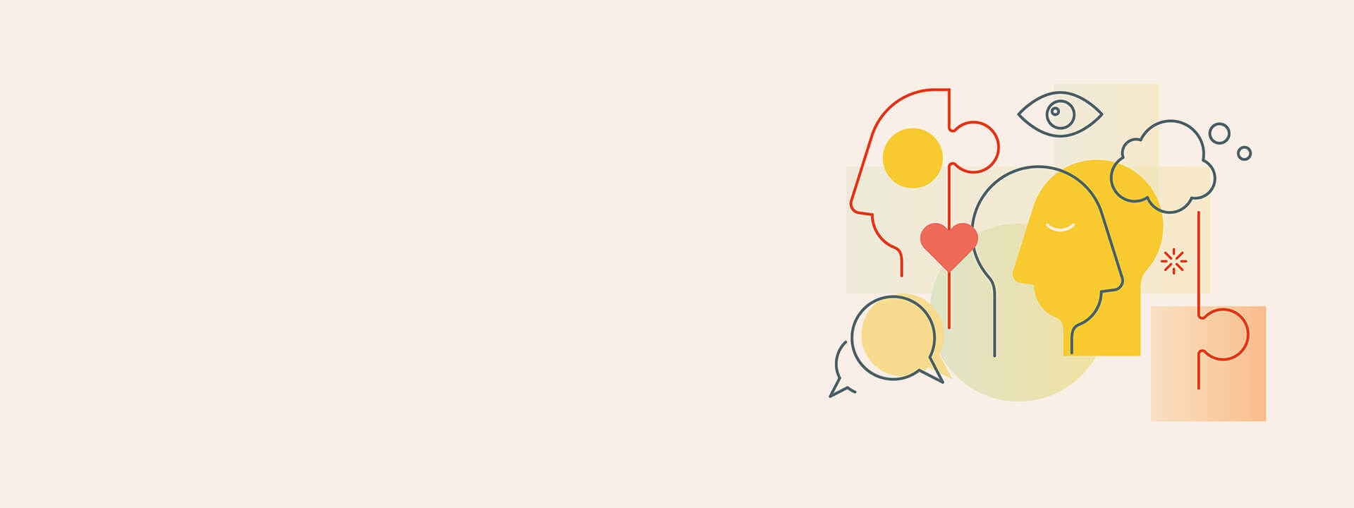 Abstract illustrated images of heads and thoughts
