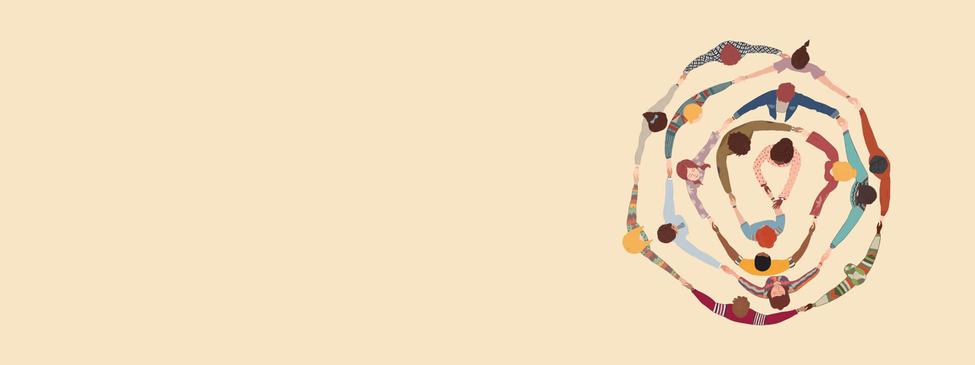 Illustrated overhead view of people in circles holding hands