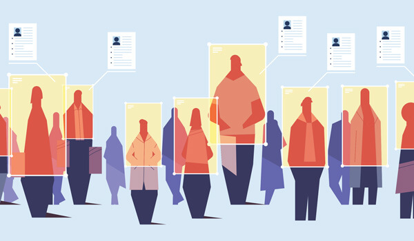 Illustrated people being scanned and compared with IDs