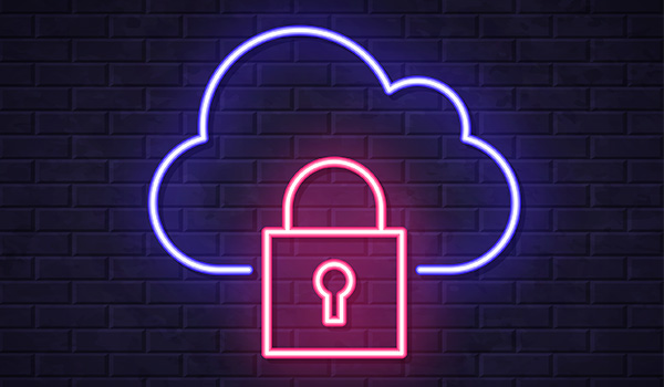 A neon sign against a brick wall showing a lock on top of a cloud
