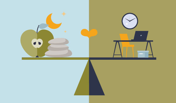 Illustration of a balanced scale, with healthy icons on one side and workday items on the other side