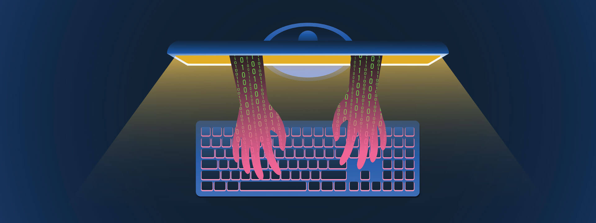 Illustration of hands coming out of a computer monitor and typing on a keyboard