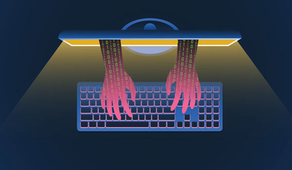 Illustration of hands coming out of a computer monitor and typing on a keyboard